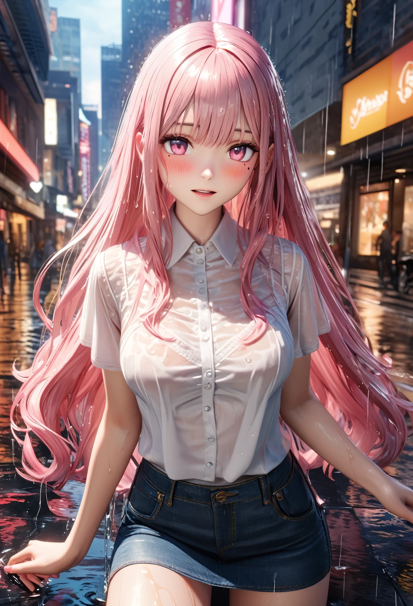 masterpiece, best quality, highly detailed, high resolution, expensive resolution, high resolution, 4k, 8k, Unity 8k wallpaper, highly detailed CG, masterpiece, 2d, 3d, beautiful details, depth, fine texture, best quality: 1.3, perfectly focused, crisp skin, him, very cute anime girl, (sheer white blouse wet from pouring rain, denim miniskirt) (soaking wet and damp pink medium long hair, rain dripping from hair), big breasts, expensive pink medium long hair, pouring rain, soaking wet hair, soaking wet only daughter, downtown, mole under eye, looking at viewer, expensive, blush, mole, open lips, heart, pink eyes, soaking wet blouse, hair