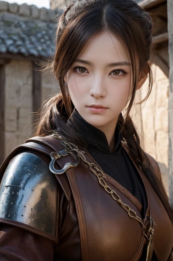 masterpiece，Best Quality，非常にHigh resolution，8k，((Portraiture))，((Head close-up))，Original photo，Actual photo，Digital photography，(Female mercenaries appearing in medieval fantasy works)，(Adventurers in a medieval fantasy world)，22-year-old girl，(devil&#39;s purple eyes)，Devil horns，((Redhead))，(Dragon&#39;s Apprentice)，Lips parted，noble and charming，((Severe))，Elegant and Serio Ave，(Medieval fantasy animal skin armor，buckle，joint armor，Cape，Shine宝石，Delicate pattern，Hall々A delicate and elegant Elven crown armor.，Royal Majestic Armor)，(Big Breasts)，(Shooter)，Medieval character style，Mysterious Light，Forest Background，Facing sideways to the audience，oc rendering reflection texture(16k, RAW Photos, highest quality, High resolution), High-definition RAW color photos, Professional photos, (Layered silhouette: 1.2), Complex patterns, (Realistic, Photorealistic: 1.3), (Japanese Girls), Big Breasts、Very firm breasts、are not drooping、The cleavage is visible。Too much exposure、（NSFW）、Shine、(Detailed face: 1.2), (masterpiece: 1.5),Fine-grained beautiful skin, (cute: 1.2), (sexy), (highest quality: 1.2), (One girl: 1.3), (solo, soloフォーカス), A completely normal human body type, A depiction of a woman that is faithful to human anatomy, A representation of a healthy, balanced and vibrant woman。Too much breast exposure。 「No deformed or unnatural body parts」No missing limbs。Normal number of heads, limbs。Head, limbs, and thickness are normal for height。The number of heads is one。Body length is anatomically normal。