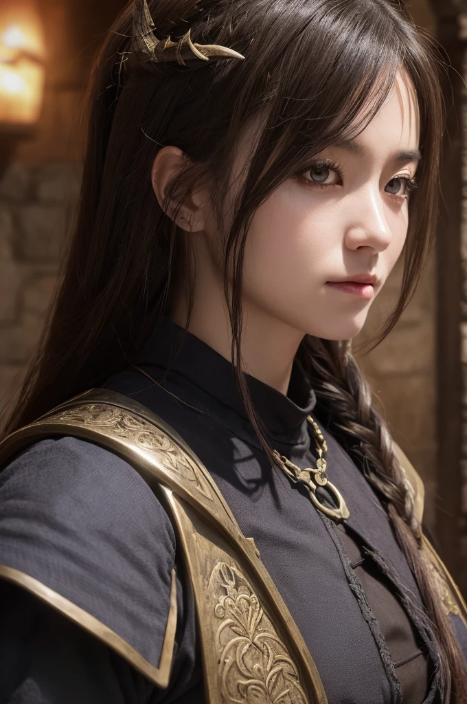 masterpiece，Best Quality，非常にHigh resolution，8k，((Portraiture))，((Head close-up))，Original photo，Actual photo，Digital photography，(Female mercenaries appearing in medieval fantasy works)，(Adventurers in a medieval fantasy world)，22-year-old girl，(devil&#39;s purple eyes)，Devil horns，((Redhead))，(Dragon&#39;s Apprentice)，Lips parted，noble and charming，((Severe))，Elegant and Serio Ave，(Medieval fantasy animal skin armor，buckle，joint armor，Cape，Shine宝石，Delicate pattern，Hall々A delicate and elegant Elven crown armor.，Royal Majestic Armor)，(Big Breasts)，(Shooter)，Medieval character style，Mysterious Light，Forest Background，Facing sideways to the audience，oc rendering reflection texture(16k, RAW Photos, highest quality, High resolution), High-definition RAW color photos, Professional photos, (Layered silhouette: 1.2), Complex patterns, (Realistic, Photorealistic: 1.3), (Japanese Girls), Big Breasts、Very firm breasts、are not drooping、The cleavage is visible。Too much exposure、（NSFW）、Shine、(Detailed face: 1.2), (masterpiece: 1.5),Fine-grained beautiful skin, (cute: 1.2), (sexy), (highest quality: 1.2), (One girl: 1.3), (solo, soloフォーカス), A completely normal human body type, A depiction of a woman that is faithful to human anatomy, A representation of a healthy, balanced and vibrant woman。Too much breast exposure。 「No deformed or unnatural body parts」No missing limbs。Normal number of heads, limbs。Head, limbs, and thickness are normal for height。The number of heads is one。Body length is anatomically normal。
