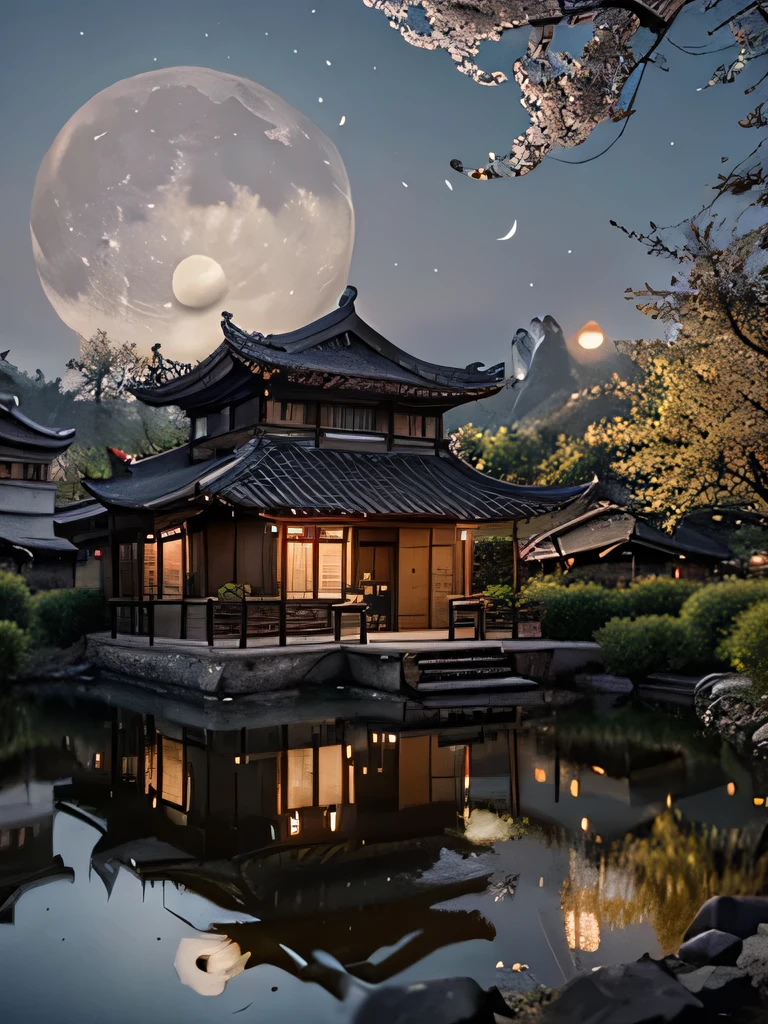 An ultra-realistic CG rendering of ancient China，A small house next to the landscape of Guilin，In the early evening，Peach blossoms and trees with cream-colored leaves，A bright moon created by white moonlight in a snowy landscape。