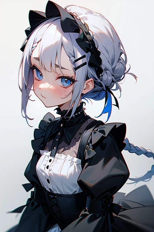 Short white hair, blush, Gothic Lolita、Punk Fashion、Headbang 2.、Blue and black clothes、Braiding、2 hair clips、Hair tied in a bun、