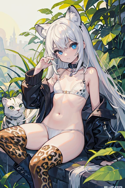 (obra maestra), mejor calidad, ojos expresivos, cara perfecta, animal_orejas, lleno_cuerpo, 1 chica, Cola, solo, blanco thighhighs, collar, leopardo_orejas, mangas largas, mangas separadas, blanco_cabello, long cabello, blue_eyes, joyas, blanco_calzas, animal_imprimir, falda negra, blanco boots, small senos, (marcas de bigotes), senos, oscuro_piel, armadura, plata_cabello, leopardo Cola, sin tirantes, pelo_recortar, Gato_orejas, deColaed jungle scenery
