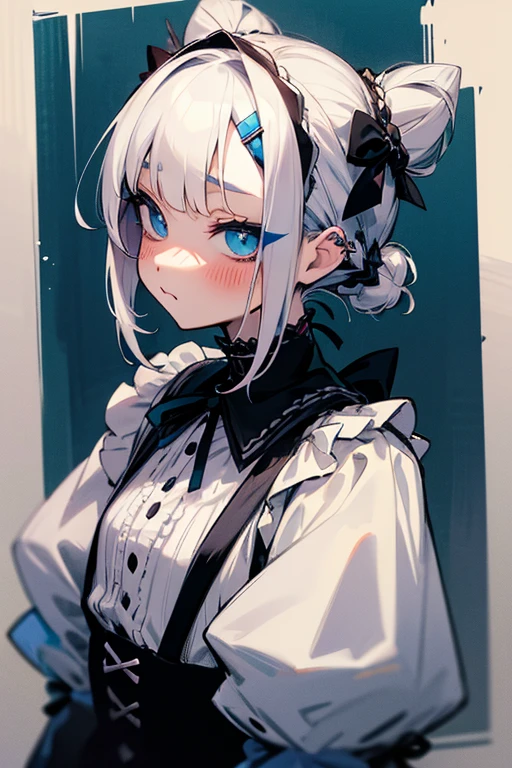 Short white hair, blush, Gothic ta、Punk Fashion、Headbang 2.、Blue and black clothes、Braiding、2 hair clips、Hair tied in a bun、