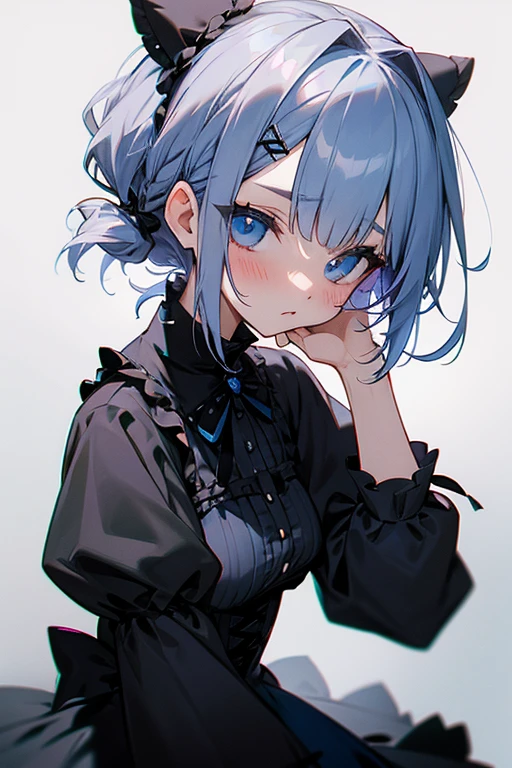 Short white hair, blush, Gothic Lolita、Punk Fashion、Headbang 2.、Blue and black clothes、Braiding、2 hair clips、Hair tied in a bun、
