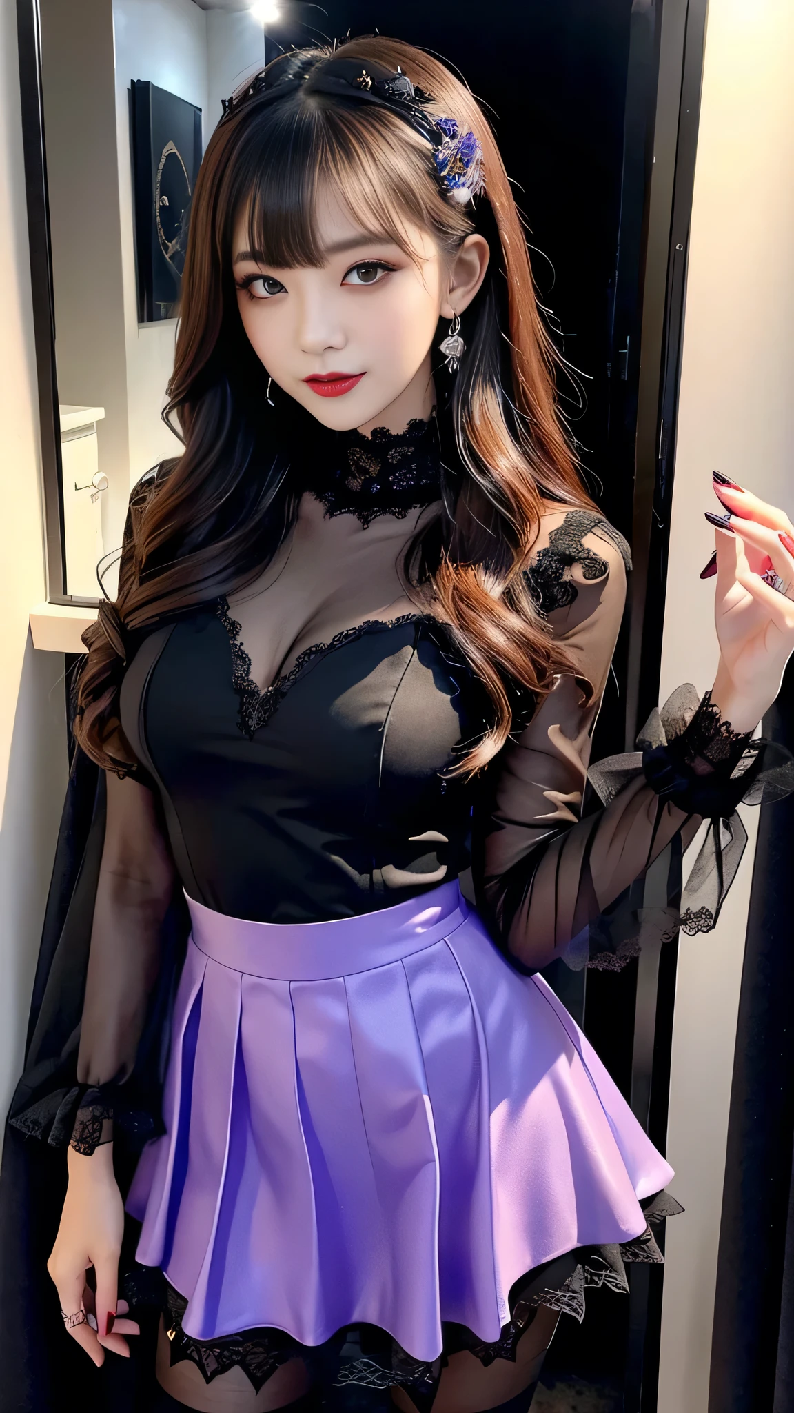 best quality、ultra-detailed、4k、Japanese、Seductive beauty、seductive adult woman、Pretty Woman、cool girl、Villainess、Brainwashed、brainwash、Fallen into evil、smirk、Evil look、Wicked Smile、evil、Brown hair、wavy hair、swept bangs、dark makeup、dark makeup、piercing eyes、hollow eyes,half-closed eyes、Hollow Eyes、purple Eyeshadow、black lipstick、black lipglos、Lace fabric、blue party dress、Wide sleeves、flare skirt、stockings、spiderweb pantyhose、night、inside darkroom、Are standing、shoot from below、Make up、Hold a small makeup brush、Swear allegiance、I have pledged my allegiance、Seduce、Evil female executive、Female Combatant