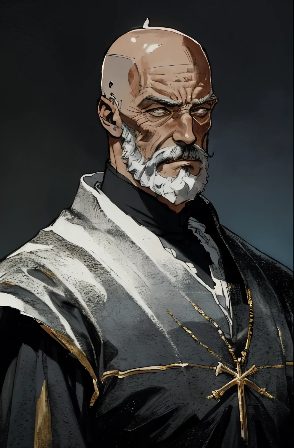 1man,male_focused, older, masculine, portrait, rugged male , priest, black_priest_clothing, robe, bald, bearded, in the style of Kentaro Miura, fantasy, SCI-FI, badass,