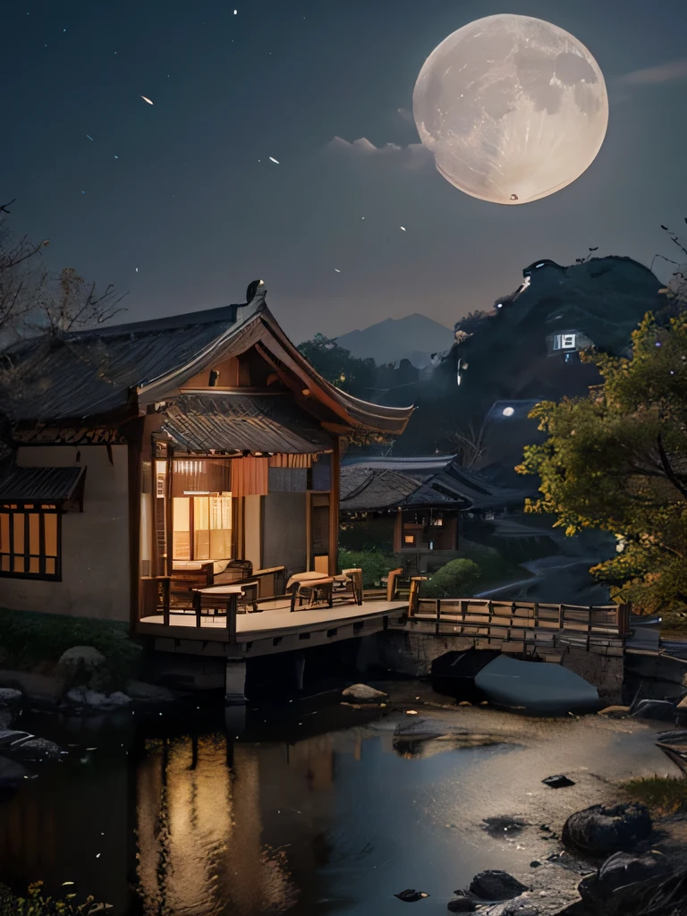 An ultra-realistic CG rendering of ancient China，A small house next to the landscape of Guilin，In the early evening，Peach blossoms and trees with cream-colored leaves，A bright moon created by white moonlight in a snowy landscape。