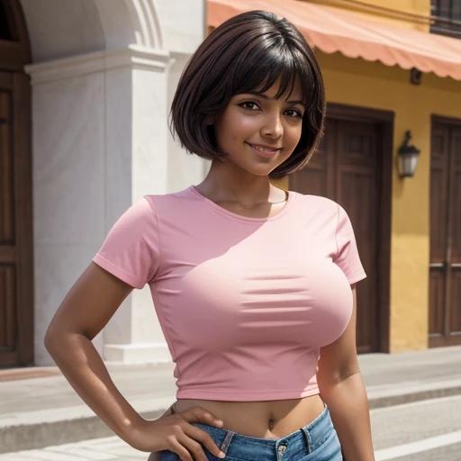 Isabela Merced as Dora,standing proud, tight pink shirt, orange shorts, smiling, big breasts, (skin texture:1.1), (high detail face:1.1), high detail body, high detail clotheasterpiece), (realistic), ultra high definition, 4k, ultra high resolution, hand on hip