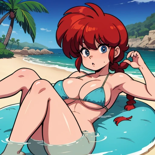 Ranmachan, Cabello rojo, Cabello con trenza, pechos muy grandes, pechos rebotando, senos abultados, bulto de senos, posando en la playa, tomando el sol, BATHING IN THE SEA, jugando en la playa,