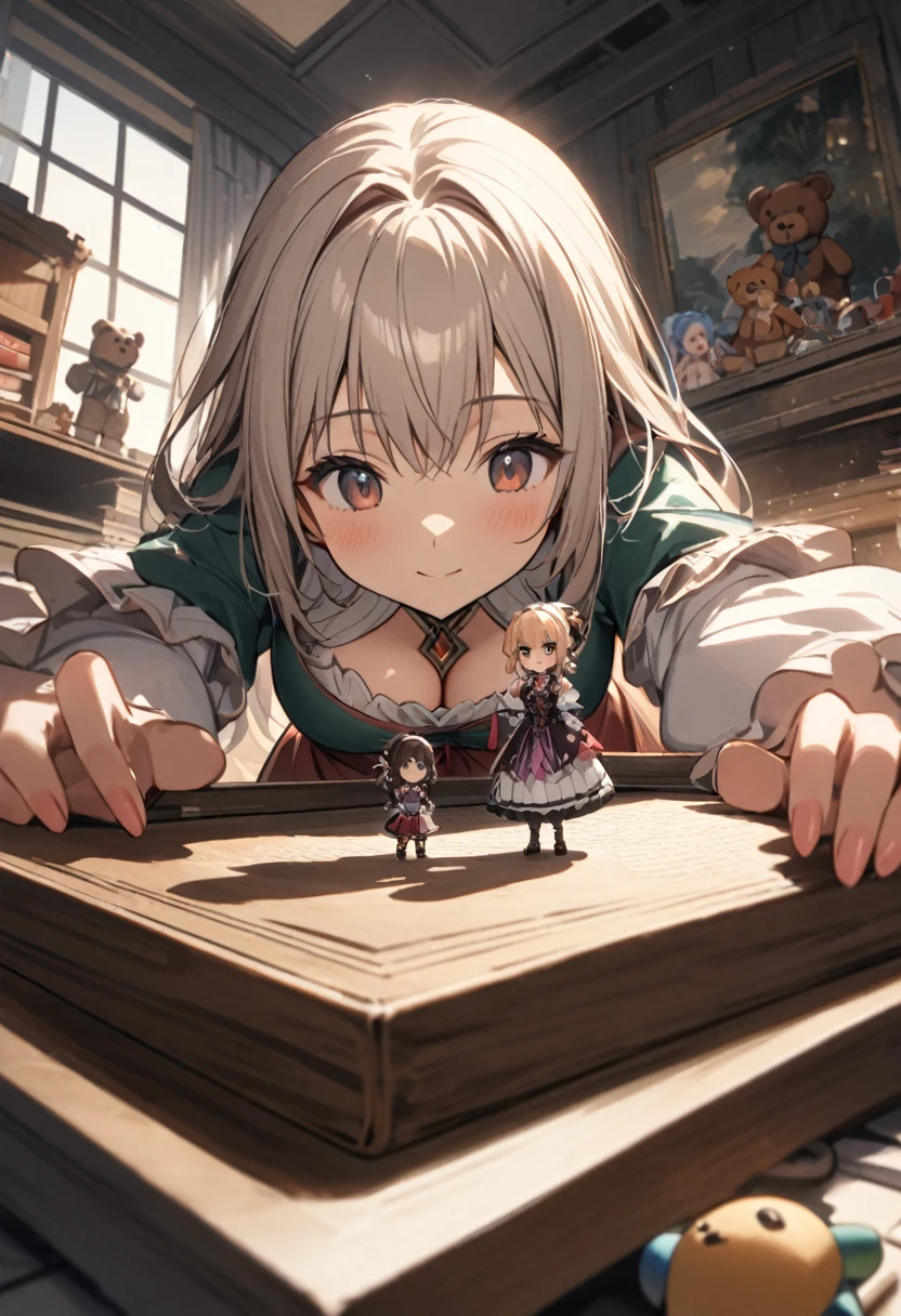(minigirl on a table standing up below the breasts and face of a giantess girl: 1.3), (minigirl on a table looking up at a giantess: 1.1) closeup breasts and face, (from below view: 1.2), (medium sized breasts), cleavage, (indoors: 1.1), (2girls: 1.5), (height difference: 1.9), (size difference: 1.3), (mature adult woman: 1.3), (yuri: 1.2), (cute girl with girly dress frills: 1.1), (fantasy set in medieval era: 1.1), cute dress, books, teddy bear, toys, weapons, robe, light, (long distance photo: 1.1), (foreshortening table: 1.1), bent over, (minigirl: 1.4), (long distance: 1.2), (far away: 1.2)