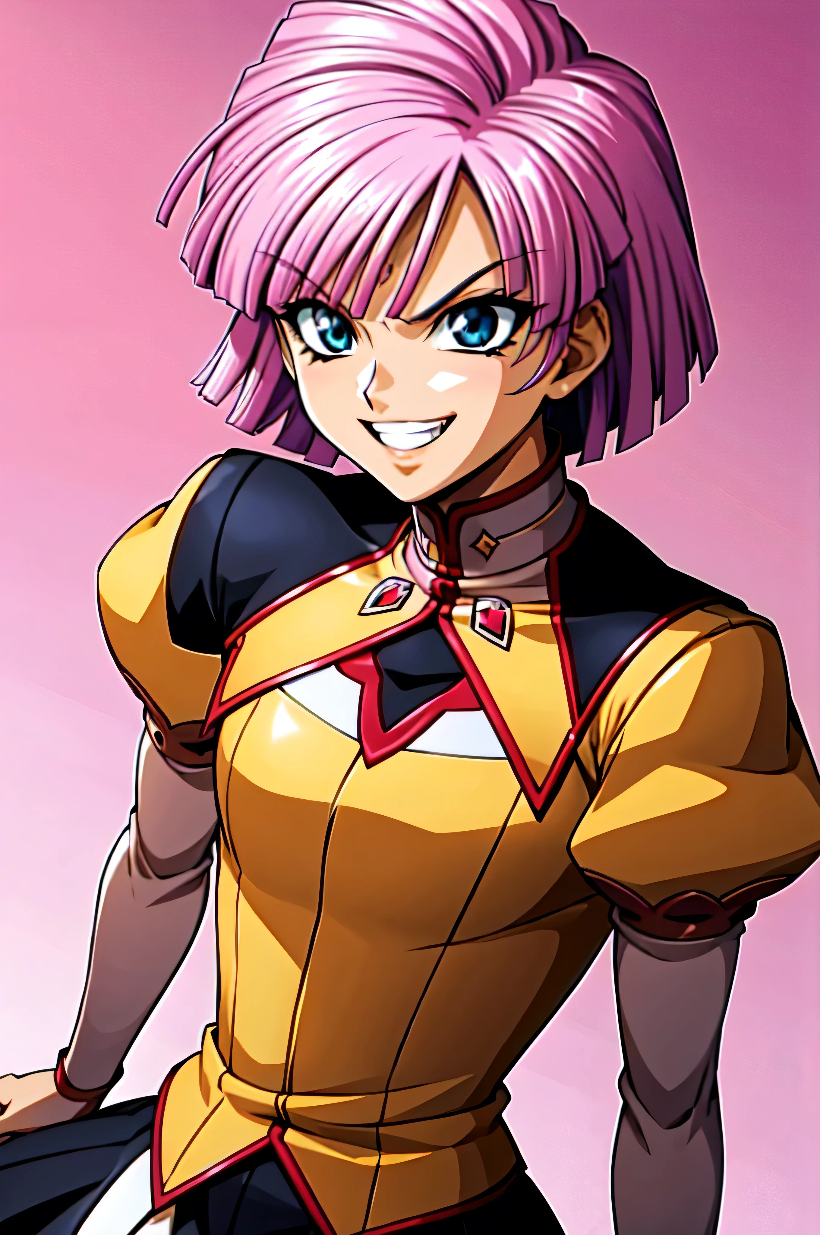 (best_quality 4K, 8K, High resolution, Masterpiece: 1.2), ultra detailed),from_below,(anime_screencap),(1girl,solo),dynamic_angle,very evil_smile,very evil laugh at,tis,shadeded_face,very sadistic,smile worst,,bob short hair,,black and pink background,