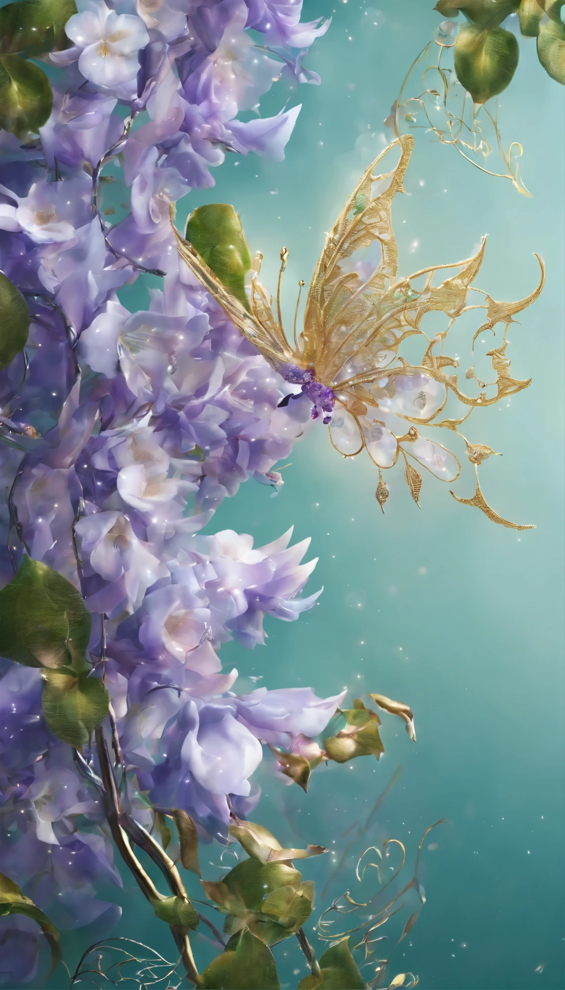 The background is greenblue,All expressed with jewels, the arrival of spring, various beautiful wisteria flowers,Swallowtail butterfly,
, angles looking up from below, various jewels falling from the sky, wonderful and beautiful superb view, slightly hazy, fantastic, high resolution, 8K, (best quality, highres, realistic:1.37), shiny metallic flowers, intricate and delicate petals, reflective surfaces, vibrant colors, intricate details, close-up view, surreal garden, surreal beauty, dreamy atmosphere, fine art, abstract botanicals, metallic sculpture, contrasting textures, ethereal glow