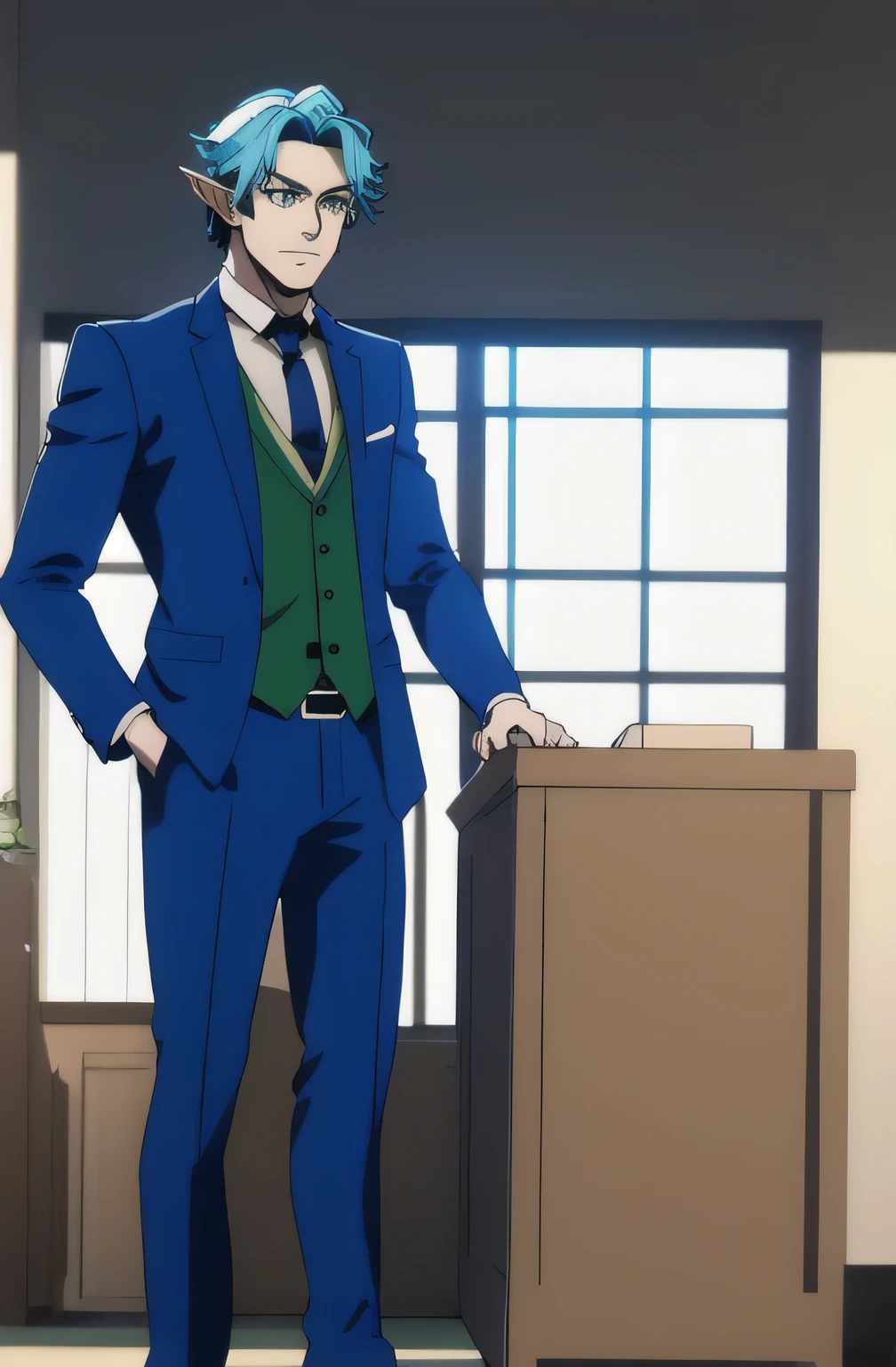 (masterpiece,best quality, detailed), 1boy, male focus,  office standing, full body, looking away, royal blue hair, green eyes, elf ears, pretty , business suit and tie