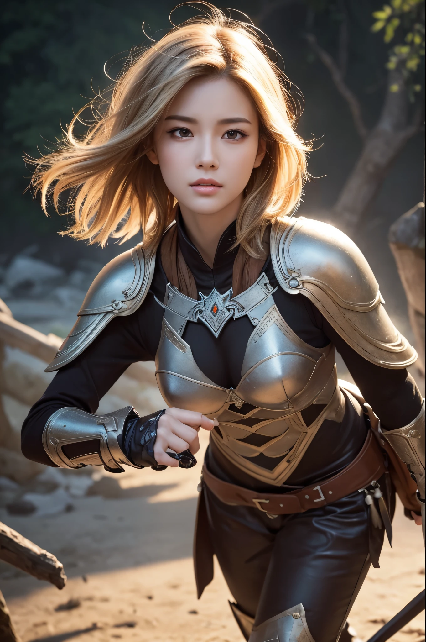 8K,Sword wound on the faceがある女剣士,Super Beauty(Like the real thing),Carrying a large, long sword,Brown leather armor,Brown leather gauntlets,Brown leather leggings,Tattered Cape,walking in a wilderness,Perfect Anatomy,charm,Volume measurement,Body balance,Digital single-lens reflex camera, Soft lighting, Detailed Background, Written boundary depth, Volumetric lighting, Sharp focus, Absurd, Realistic proportions, Excellent anatomy, (Realistic, 超Realistic:1.4), 16K HDR, dawn,A High Resolution,super Realistic 肌,Super beautiful expression,Fantasy art,Character Art,Wind effects:1.9、Cloud Effect:1.2、Full Rendering、Professional quality high resolution、Perfect contrast、Perfect lighting、Perfect composition、Perfect Skin、Perfect Fingers、Perfect breasts、Perfect Hair、Perfect Face、Realistic facial features,super highest quality,Slim figure,Perfect body line,完璧なhandの造形,Anatomical body balance,Highly detailed face,Highly detailed eyes,Beautiful Lips,Excellent light particles,Cinema Lighting,Makeup,Ultra-high resolution,Ultra-Realistic Skin,A strong and well-trained body,Blonde short hair,Brown combat trousers,Sword wound on the face,Bird feather hair ornament,派handなアクションポーズ,Stern expression,hand,On all fours,