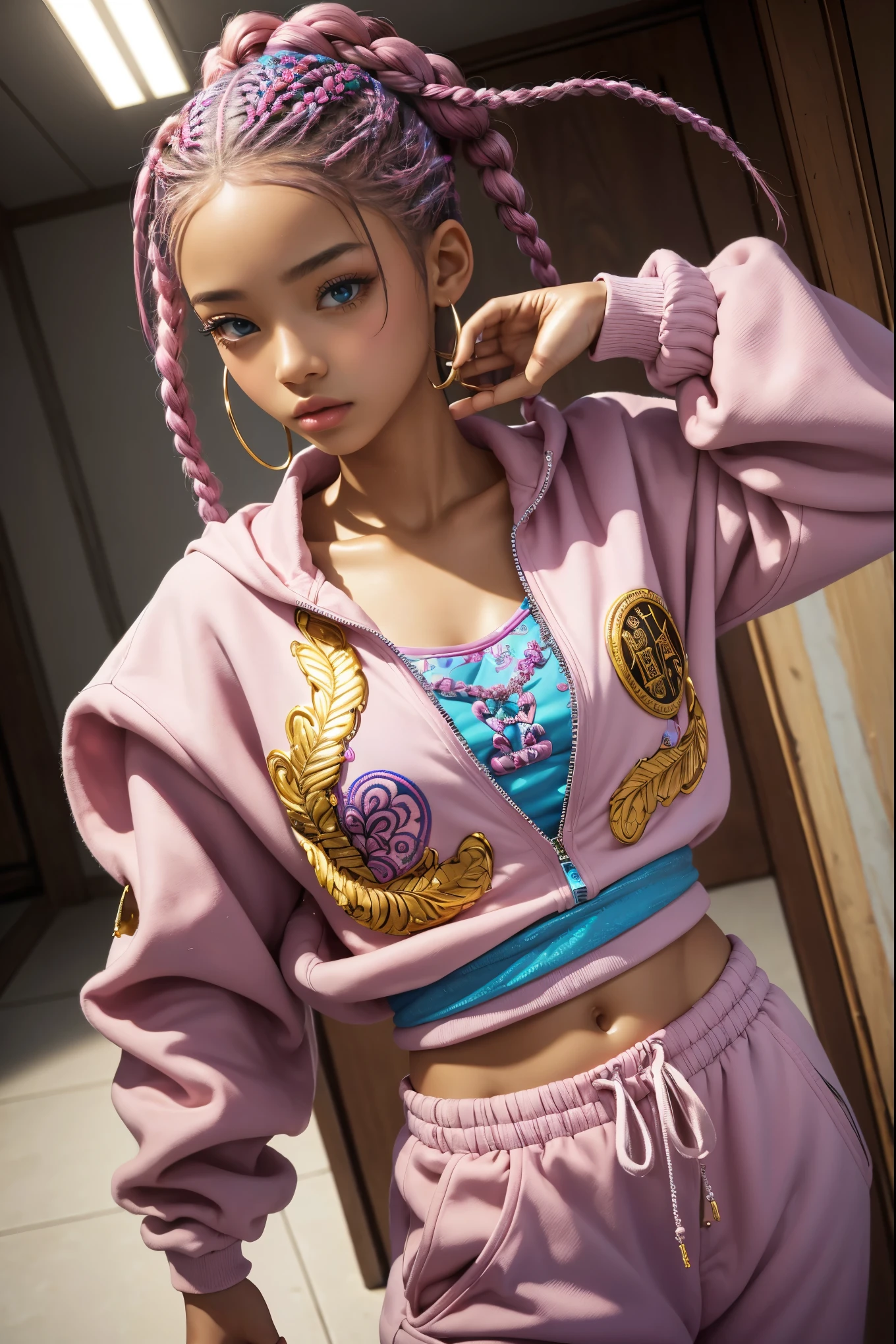 best quality, super fine, 16k, incredibly absurdres, extremely detailed, delicate, flashy and dynamic depiction, a wonderful painting reflected in your eyes, mysterious world. She's a dancer, pink and blue Kanekalon African braids her cool, slightly baggy yellow and red intricate tracksuit.