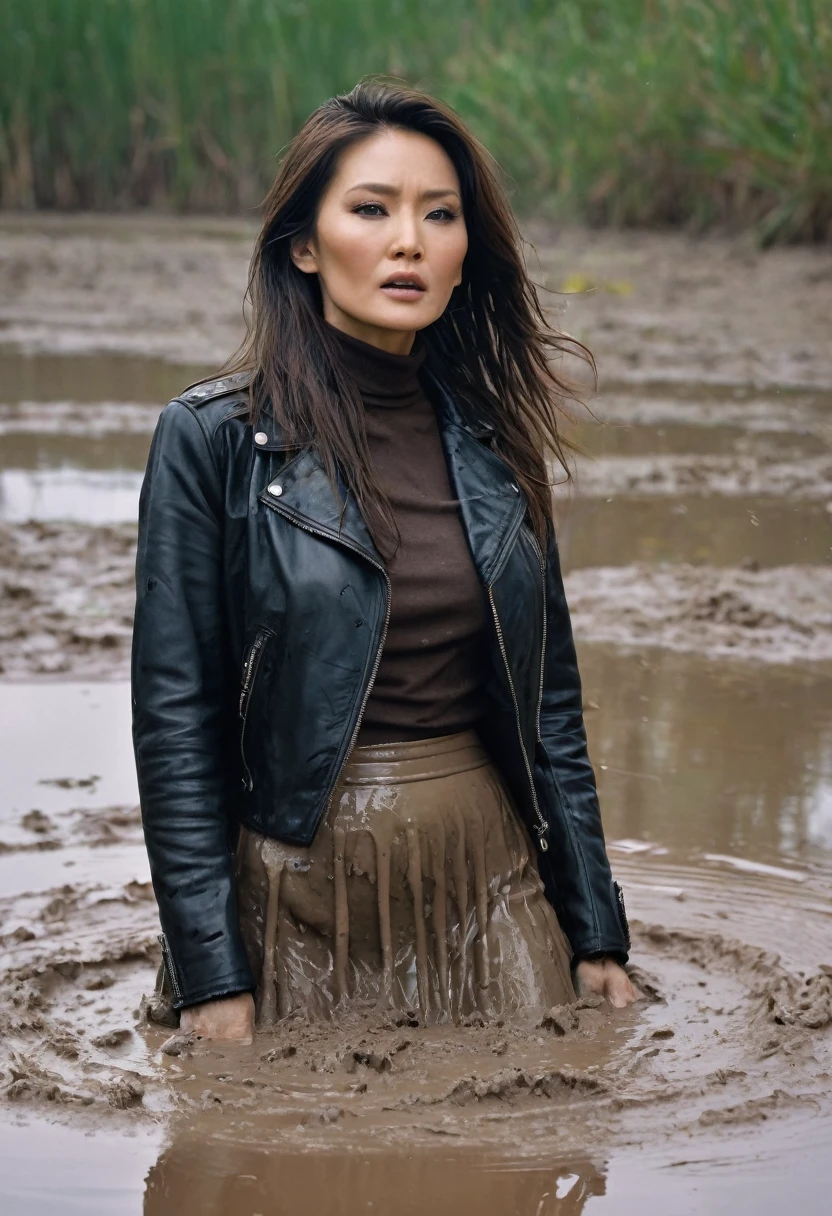 8k, ultra-detailed, grainy film photo, masterpiece, physical-based rendering, ultra-detailed, side view:1.0, vivid, muffled colors, muted light:1.2, intensive dry-humping movements:1.4, pencil skirt, leather jacket, turtleneck sweater:1.2, ouch her hair, mature depraved woman drowning in mud swamp, long messy brunette hair, makeup, asian, brown,