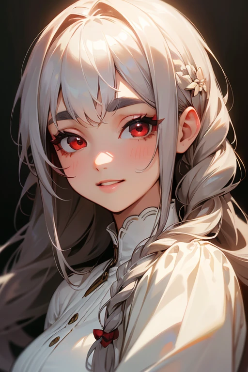 (highest quality, masterpiece:1.2), High resolution, 最高masterpiece、Very detailed, Realistic:1.37, Fantasy, An illustration,Gray Hair、 Red eyes、Queen, White Dress、beautifully、Eyeshadow Red、Thick eyebrows、Long eyelashes、pupils are black、shiny on the lips、Top Sites、Queen、Princess、A kind smile、Show your teeth a little and smile、Soft impression、people々々Loved by、Slimming the face、Shoulder Bare、Sexy braids、Kissing Face、Long white hair、Shaggy Bangs