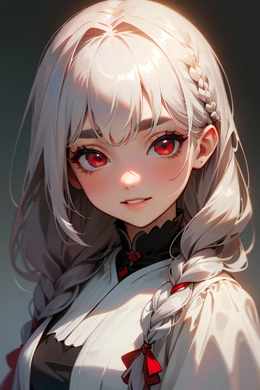 (highest quality, masterpiece:1.2), High resolution, 最高masterpiece、Very detailed, Realistic:1.37, Fantasy, An illustration,Gray Hair、 Red eyes、Queen, White Dress、beautifully、Eyeshadow Red、Thick eyebrows、Long eyelashes、pupils are black、shiny on the lips、Top Sites、Queen、Princess、A kind smile、Show your teeth a little and smile、Soft impression、people々々Loved by、Slimming the face、Shoulder Bare、Sexy braids、Kissing Face、Long white hair、Shaggy Bangs