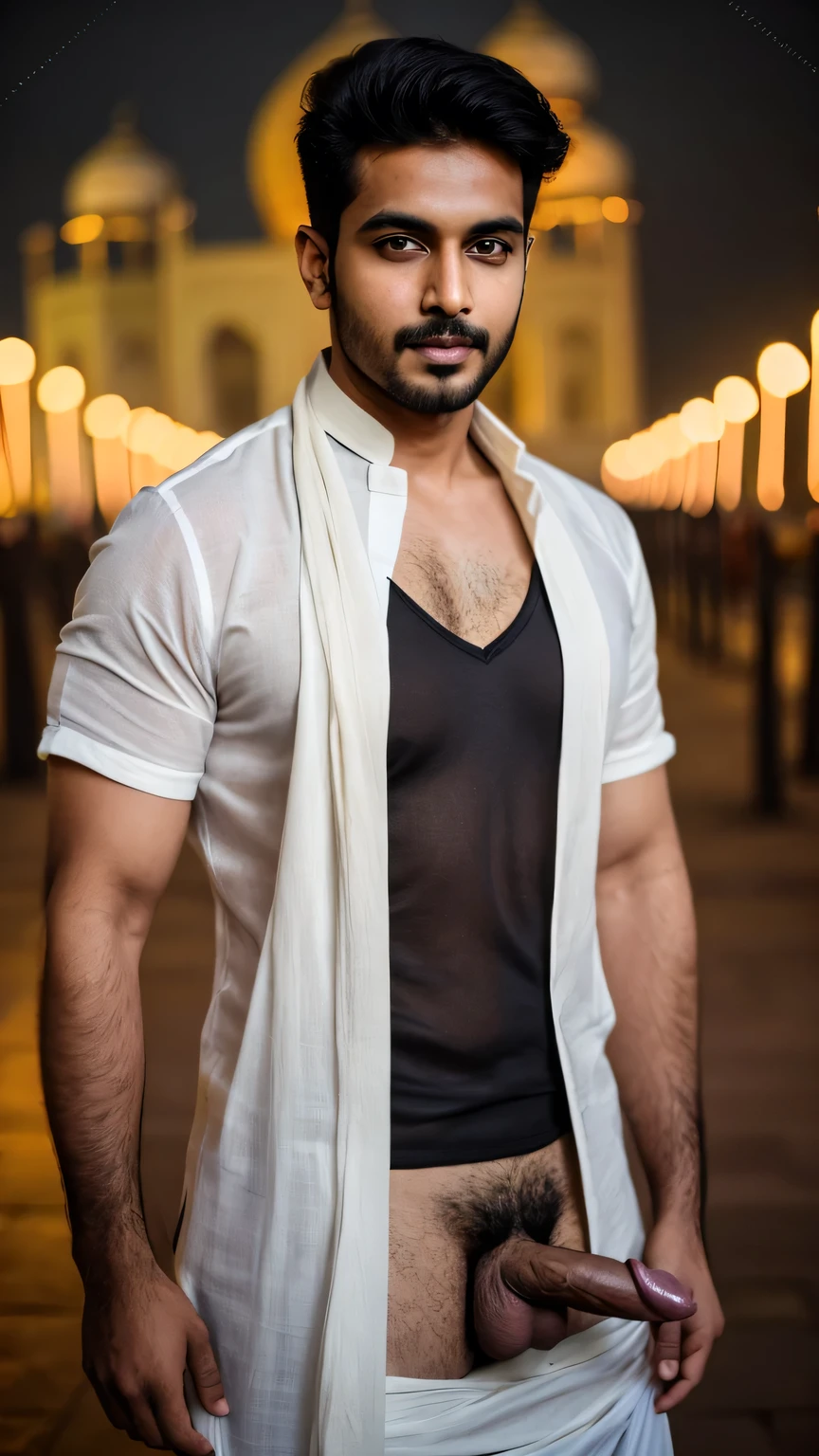 A sexy and handsome indian man,with gorgeous face and beautifull eyes, he has stylish black hair,  wearing a casual shirt,  and inner wear,  homoerotic,( nsfw),masterpiece,penis,cinematic lighting,ultraHD, 16k resolution , at taj mahal