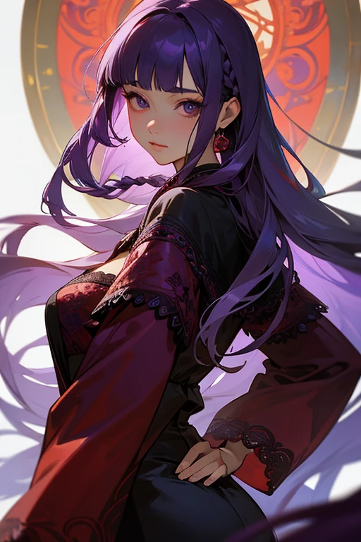 Face close-up、1 girl, Blunt bangs, Braiding, Wide sleeves, hair ornaments,Red and navy lace、(Purple Hair:1.2), Very long hair, Straight hair, Looking at the audience, Highly detailed background, (Realistic:1.2), Beautiful Eyes, Red eyeshadow, Written boundary depth,thigh, (Ulzzang-6500:0.7), Upper Body, (alone:1.2), Cleavage, Shiny skin、Hair blowing in the wind、Four fingers, One thumb、Rose、Floral pattern on clothes、drink alcohol、Keep your hands on your hips、Face close-up、close、Stick your butt out!