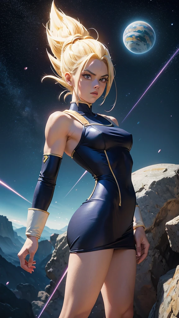 Gohan in sexy woman version, dragon ball Anime, semidesnuda, cuerpo muy delgado, skinny body, small and beautiful breasts, small and beautiful buttocks, cola saiyajin, abdomen tonificado, guerrera saiyajin, armadura azul, blanco y dorado, guantes blancos, brazaletes dorados, botas blancas adornadas, classic ancient sexy saiyan armor, provocativa, perversa, obsena, cabello radiante, en el fondo se observan planetas destruidos, espacio, poderosa, light particles, light energy, Energy ball, energy aura, intricate details, vibrant colors, dramatic lighting, cinematic composition, photorealistic, award winning illustration, masterpiece