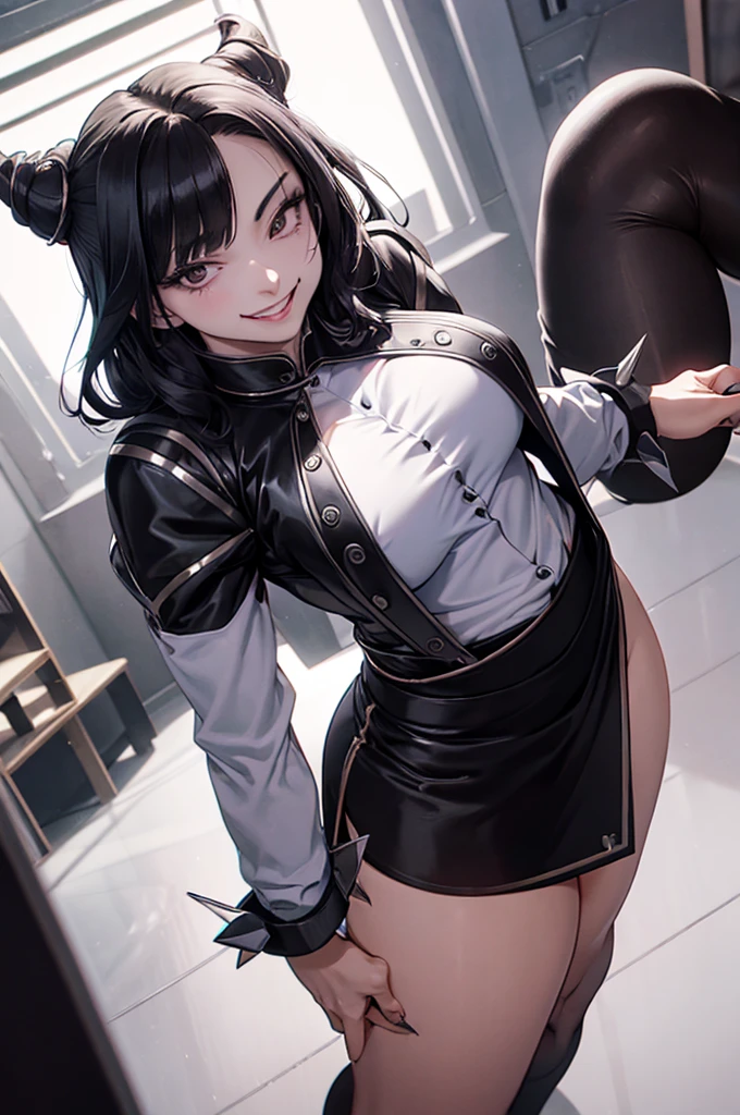 juri han, work of art, tight white secretary shirt with black tie, black high waist skirt, short skirt, black hair, black tights,evil smile,franja nos olhos,evil smile