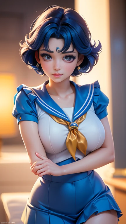 Beautiful and exquisite Sailor Mercury, Beautiful fine details, Beautiful lip detail, Highly detailed faces and features, Long eyelashes, sailor fuku, Anime Style, Intricate details, Vibrant colors, Dynamic pose, Cinema Lighting, (highest quality,4K,8k,High resolution,masterpiece:1.2),Super detailed,(Realistic,photoRealistic,photo-Realistic:1.37)