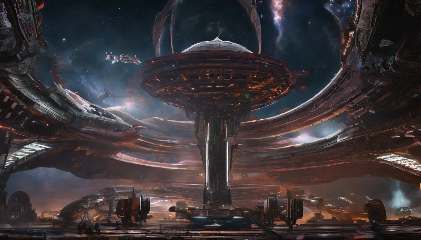 The space station is massively bigger than Babylon 5, but in the shape of Deep Space 9. The space station has 6 O'Neal Class space stations off in 5 different equilateral directions, & 1 down the middle. It's 10 times bigger than Saturn, and generates it's own power. There are hundreds of starships going to & fro, from the station, at any hour of the day. The station is in the center of the foreground. There are many stars, a nebula, and a comet, in the background. (((Use the following styles:conceptual art, protovision,3d render, architecture, portrait photography, cinematic, diamond, alien, Walter Matt Jeffries, Issac Asimov, Stanley Kubrick, and Larry Niven))). 1 million HD Resolution, isometric art, insane symmetrical details.Steampunk castle mashing up a 1974 Winnebago, 25% of a Babylon 5 station, 25% of a Star Trek Deep Space 9, and a cylindrical base, 1 trillion sq ft hybrid planet, canvas splattered with metallic green, luminescent cherry red accents, melds into a Saturn-size-Earth hybrid, Larry Niven, Arthur C Clarke, 100k UHD Resolution 