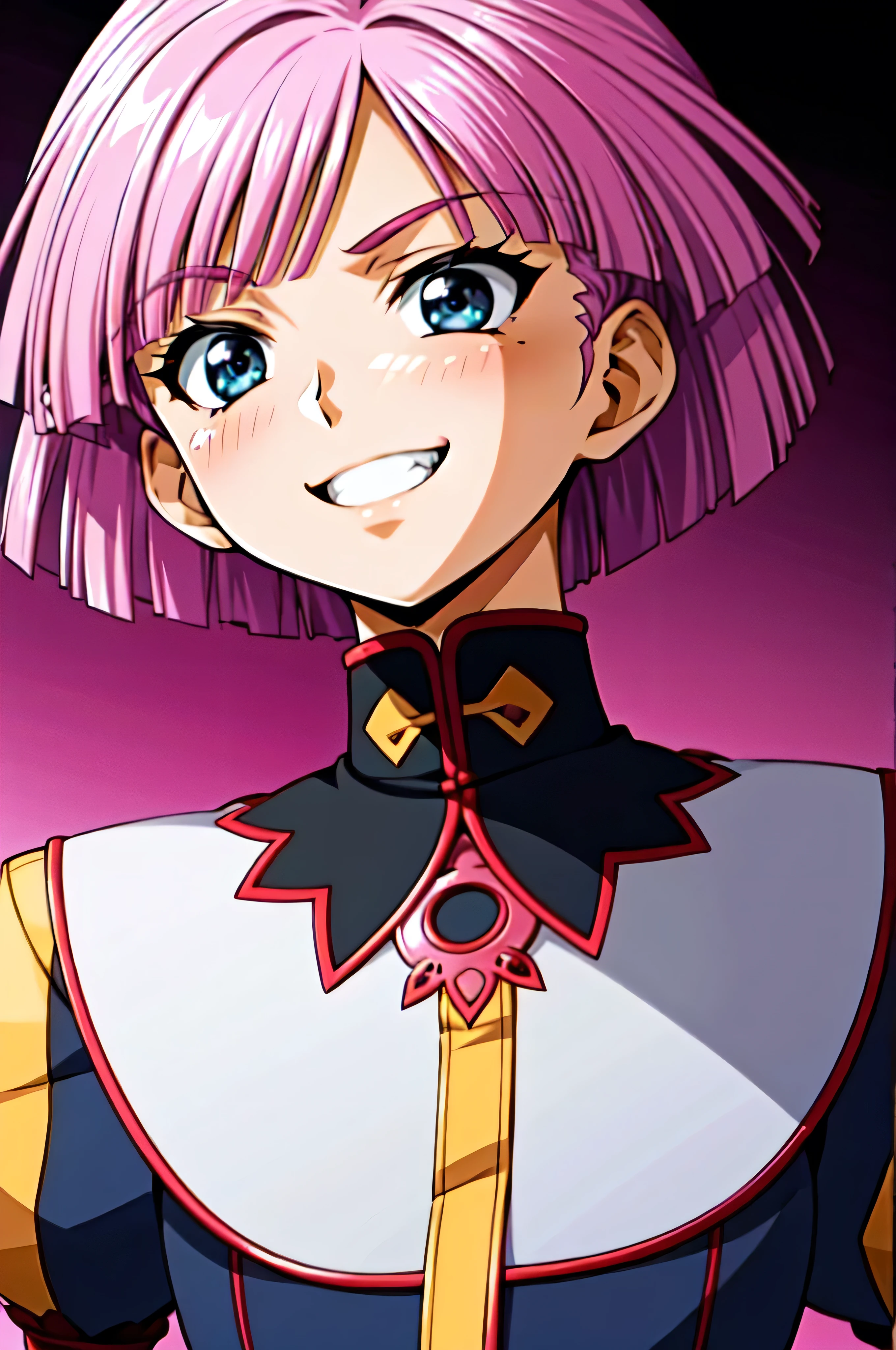 (best_quality 4K, 8K, High resolution, Masterpiece: 1.2), ultra detailed),from_below,(anime_screencap),(1girl,solo),dynamic_angle,very evil_smile,very evil laugh at,tis,shadeded_face,very sadistic,smile worst,,bob short hair,,black and pink background,looking at viewer,