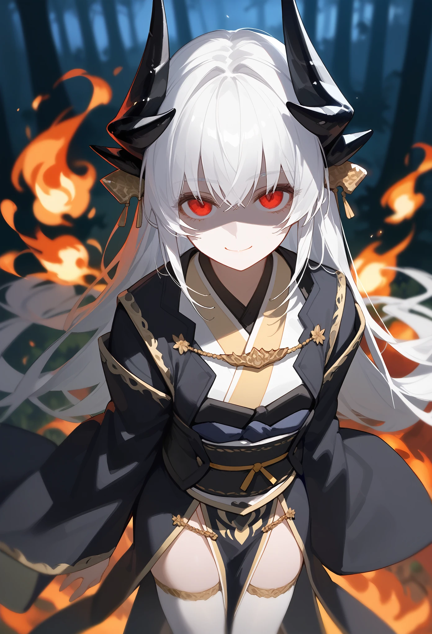 score_9, score_8_up, score_7_up, Upper body, zoom out, 1girl, woman, solo, long hair, white hair, red eyes, black horns, black kimono, pelvic curtain, wide sleeves, sash, obi, white thighhighs, arms on sides, looking at viewer, yandere, evil smile, closed mouth, shaded face, menacing, above view, fisheye, fire, forest, blurry background, moonlight, night-time, 