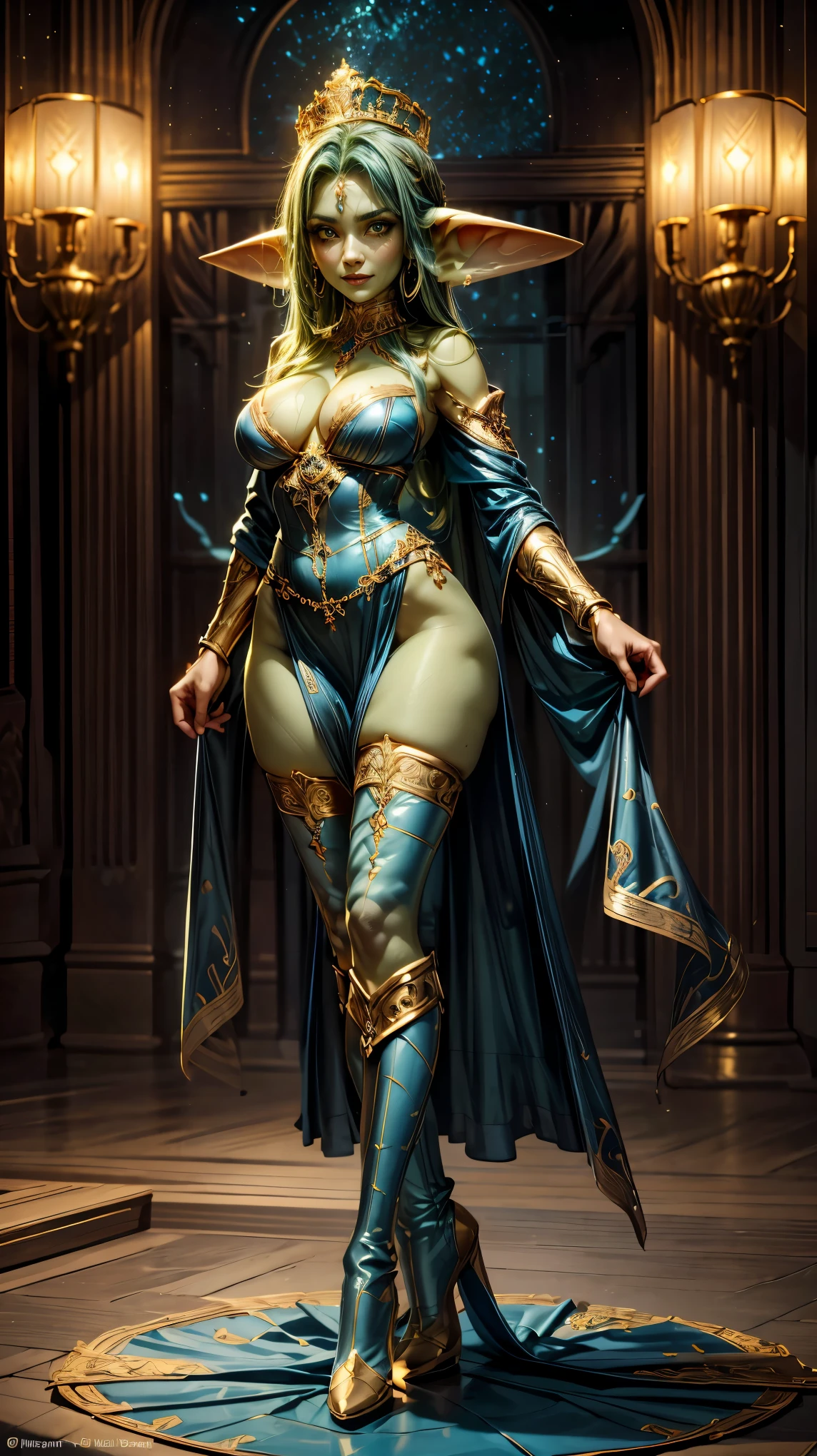 absurd resolution,((best quality)),((masterpiece)),(very detailed),4k,mature goblin woman,((green skin)) 60 years old,queen, dressed in very ornate white robes, ornate gold corset, ornate blue and gold top, (blue thigh high boots). crown, milf, cougar, sassy smile, seductive pose, elegant, cleavage, extremely long dark blue hair, deep blue sapphire eyes, lots of jewelry, blue jewel in center of forehead, gold slippers, very large breasts, sexy, 2.5d anime style, standing, posing for photo, full body, white background, 2 arms, sexy pose, smooth legs, smooth skin, friendly