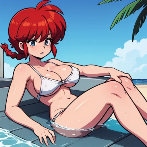 Ranmachan, Cabello rojo, Cabello con trenza, pechos muy grandes, pechos rebotando, senos abultados, bulto de senos, posando en la playa, tomando el sol, BATHING IN THE SEA, jugando en la playa, bath in the sea, senos bajo el agua,