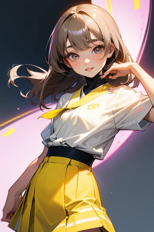 Beautiful Japanese Woman, Soft skin and a nice perfect face, A small face with a nose and rosy lips, Beautiful Eyes, Beautiful smile. black, Surrounded by a bright, ethereal glow、Thin, long, beautiful hair. A loose, medium hairstyle with gradation highlights and grey layers, Navy band collar shirt x yellow houndstooth flare skirt, Bright neon colorful background, Hyperrealistic female photos, High quality high resolution 8K masterpiece