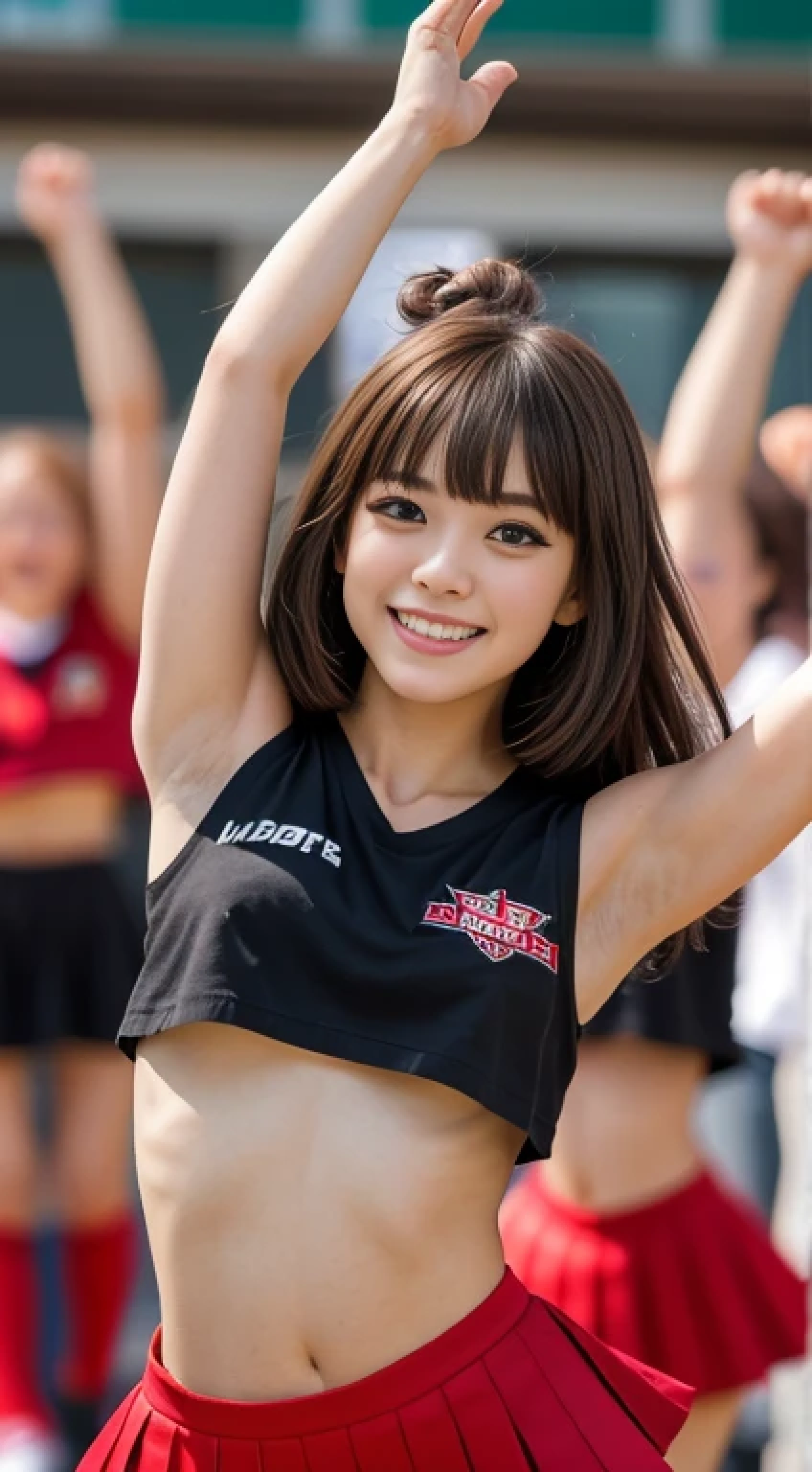 masutepiece, Best Quality, 1girl in, (a beauty girl:1.2), (17 age:1.2), Very fine eye definition, (Symmetrical eyes:1.3)、beutiful breast、Smaller chest、Brown eyes, Parted bangs, Brown hair, smil、No makeup、cheerleaders:1.4、Colorful cheering costumes、Navel is visible、Short Skirt Lift、Big pompons、Raise one leg high to cheer、(((Highkick:1.3)))、Low angle full shot、From below、1 Japan Girl、Put your hands behind your head to show your armpits、(8K、top-quality、masterpiece:1.3)、Golden Ratio Face、Best smile looking at the camera、(layers-Cut、tits out:1.2)、Brown Medium Bob Curl Hair、school ground