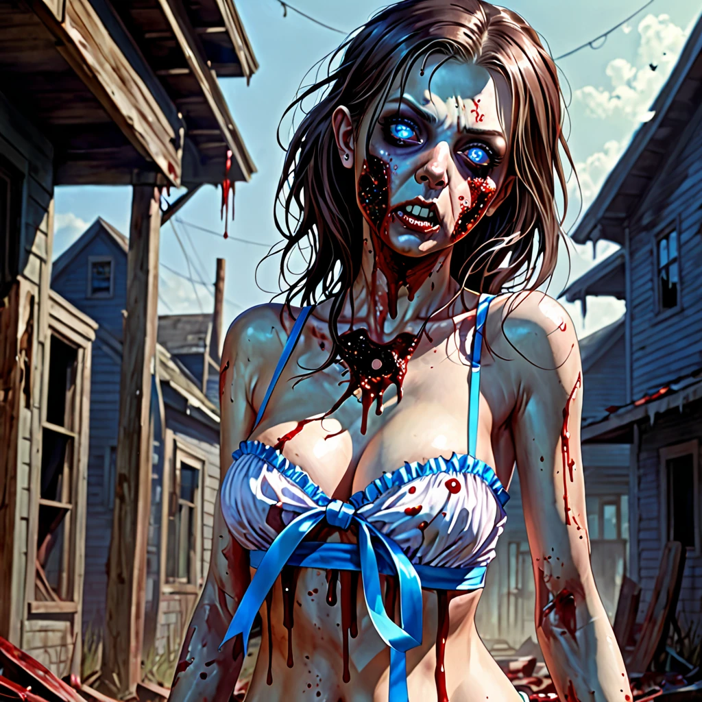 (finely detailed beautiful eyes and detailed zombie face,masterpiece sidelighting,masterpiece,best quality,detailed,high resolution illustration),, (1 depraved girl,whole body,sundress,lustrous skin,looking down,looking at viewer),, (yellow hair,blue eyes,ribbon, sheer clothes), (clothed_underbust:1.2),underboob