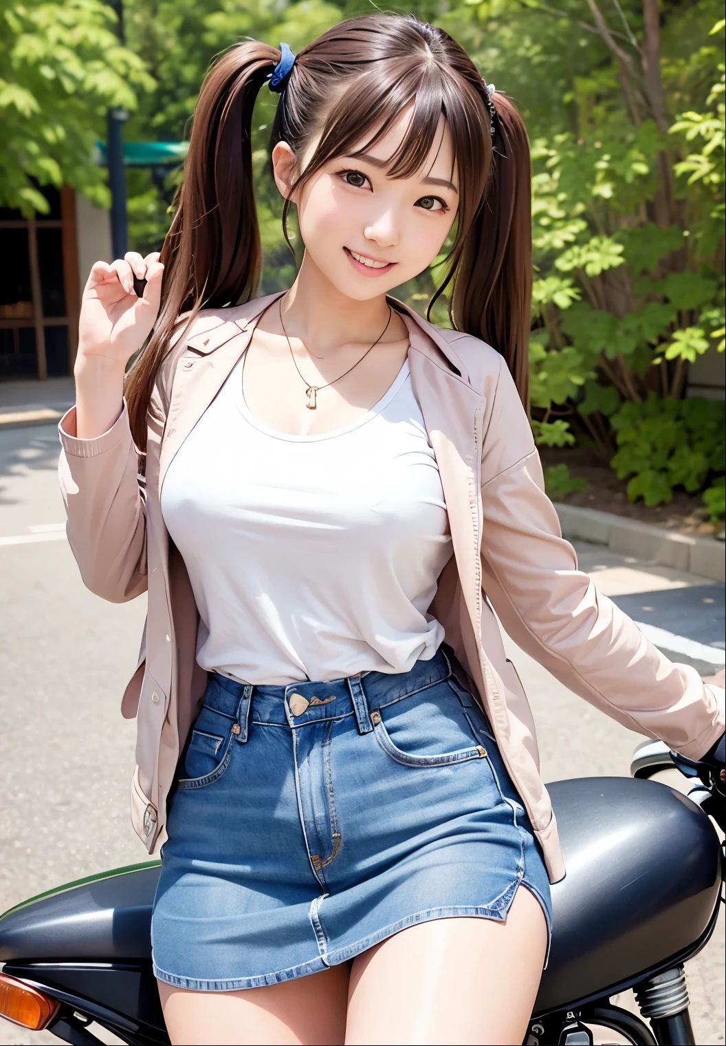 (highest quality,masterpiece:1.3,Ultra-high resolution),(Very detailed、Caustics) (Realistic:1.4, RAW shooting、)Ultra-Realistic Capture、Very detailed、Natural skin texture、masterpiece、(Japanese woman wearing a light pink t-shirt, jeans skirt and dark brown jacket:1.3), Adorable expression、Expressions of happiness、、Height: 160cm、Young Face、Amazingly cute、Twin tails、Straight hair、Scrunchie、Black Hair、light makeup、necklace、H cup big breasts、Shining thighs、Background in detail、smile、An inviting gaze、Anatomically correct、Cowboy Shot、Attention to detail、Photographed on the main street of a summer resort、Empty Hands、Short leather jacket、Riding a motorcycle