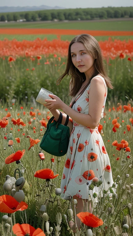 Traveler intoxicated by poppy field. In every poppy flower there is an image of a woman