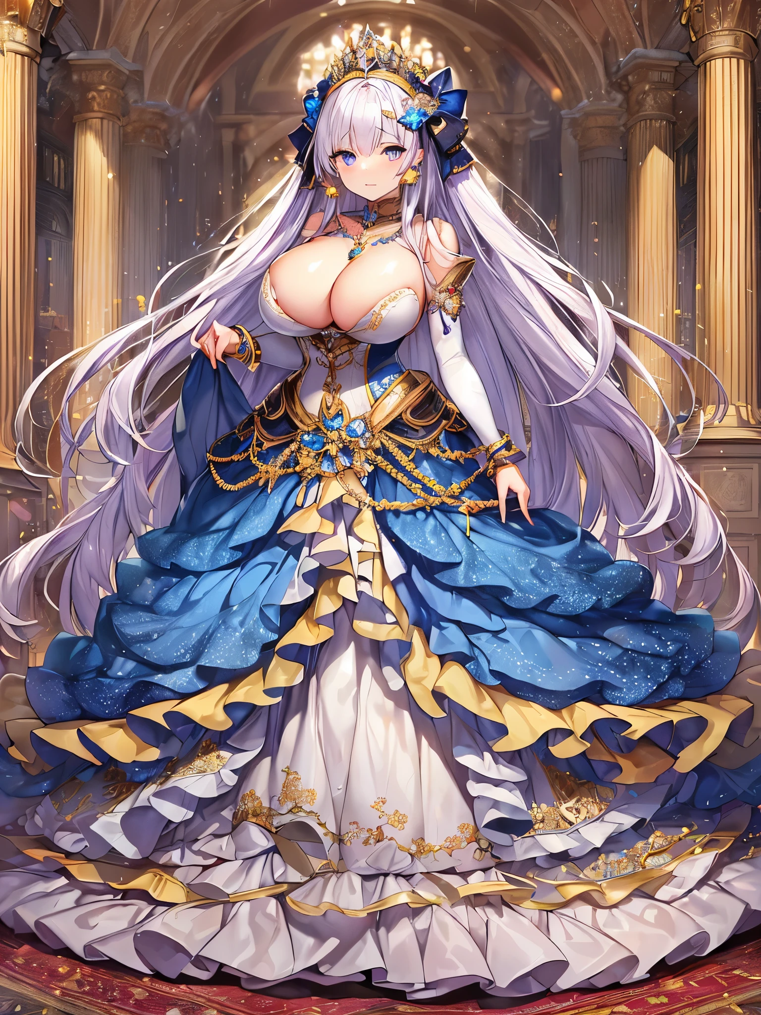 ((moe anime artstyle)),((Masterpiece)),(Best Quality),((Super Detail)),((Very Delicate and Beautiful)),((Solo)),full body,((full body portrait)),(((1 bling-bling Queen in beautiful embroidery and jeweled gorgeous rococo ballgown with voluminous full length crinoline hoop skirt))),(((((absurdly gigantic tits))))),(((cleavage))),Skindentation,(detailed face and eyes),jewel-like eyes,((crinoline,long train,beautiful embroidery and lace)),super detailed voluminous gorgeous rococo ballgown with voluminous full length crinoline hoop skirt,((bling-bling voluminous gorgeous rococo princess ballgown with beautiful embroidery and jeweled)),((Very Long Straight Hair,large amount of straight hair, absurdly long Straight hair)),extremely gorgeousfull hair ornament,((extremely gorgeous jeweled big tiara)),luxurious jewelry,((beautiful embroidery and jeweled gorgeous rococo ballgown with voluminous full length crinoline hoop skirt)),full body,(fantasy castle,throne room)
