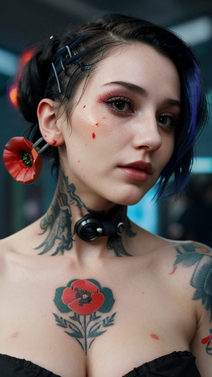 Gorgeous woman with a poppy tattoo all over her neckline and face. cyberpunk style. Neurographics