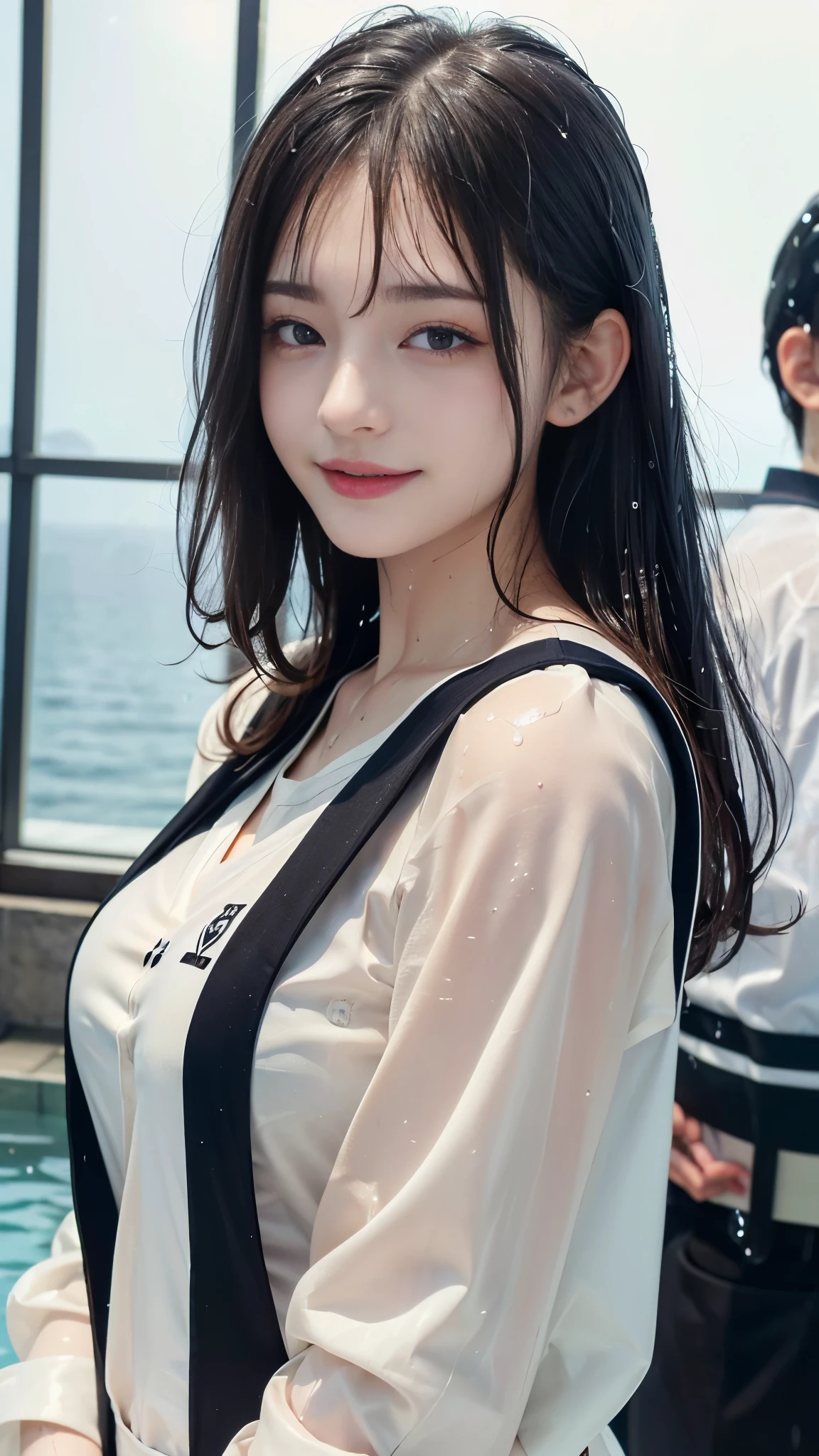((highest quality、Masterpiece、High resolution))、(((Zoom photo of upper body、Wet body、Wet Hair)))、(A shy smile:1.2)、One woman, aged 20、Beautiful Skin、Beautiful Eyes、Sailor suit、Trimmed bangs