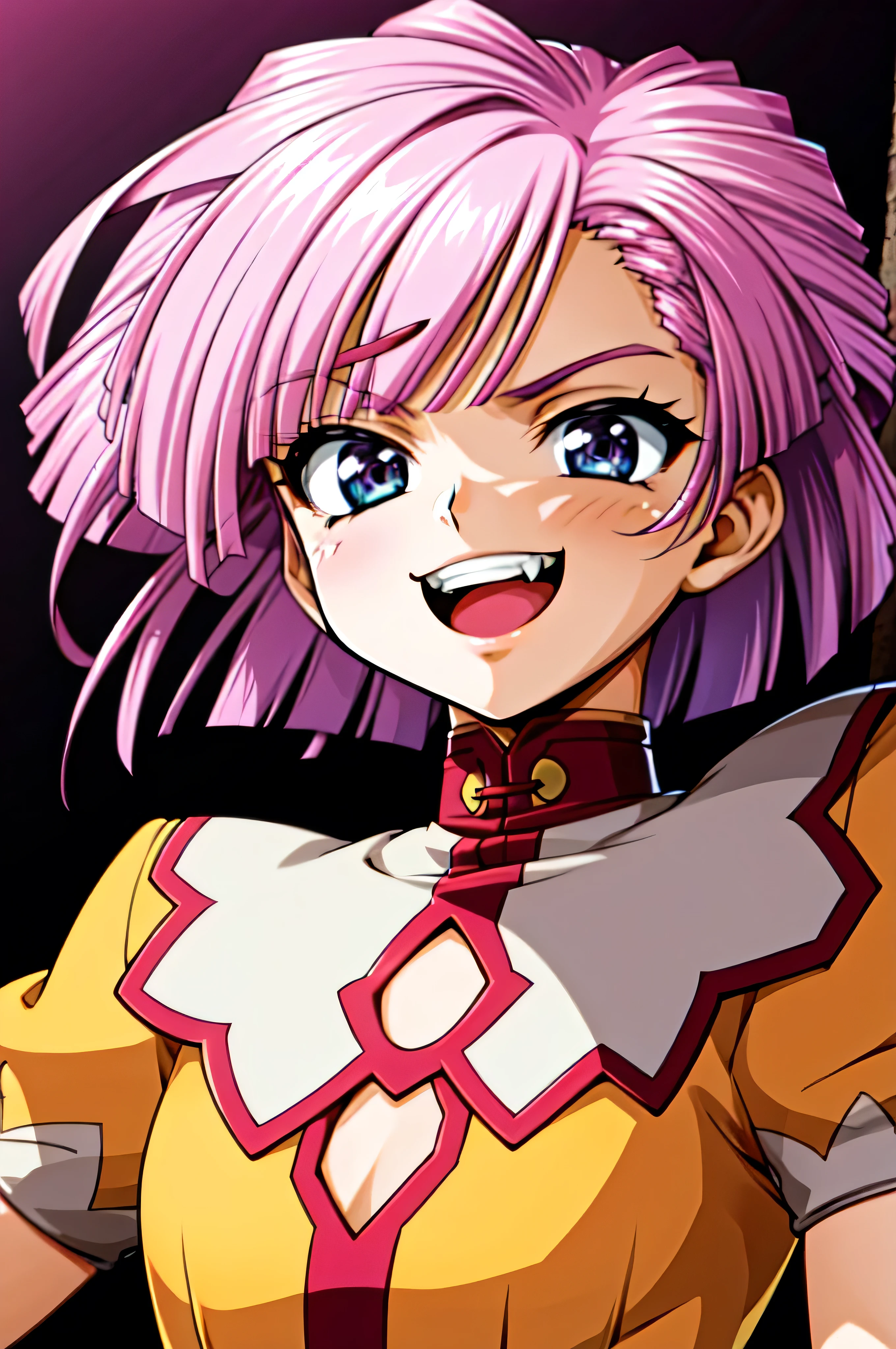 (best_quality 4K, 8K, High resolution, Masterpiece: 1.2), ultra detailed),from_below,(anime_screencap),(1girl,solo),,very evil_smile,very evil laugh at,tis,shadeded_face,very sadistic,smile worst,,bob short hair,,black and pink background,looking at viewer,