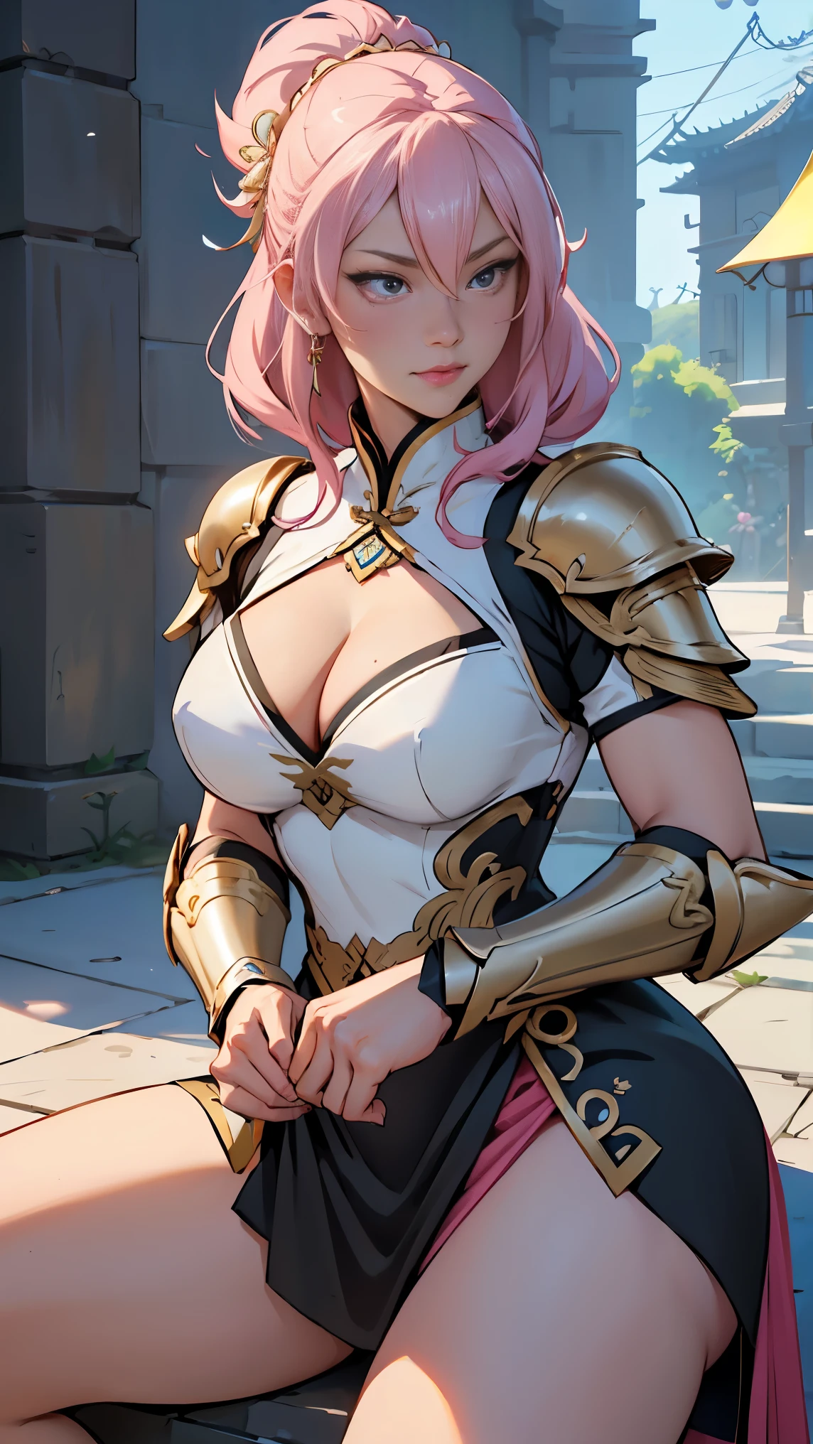 a sexy woman in a white gold and pink lotus lace armor skirt, chengwei pan on artstation, by Yang J, detailed fantasy art, stunning character art, fanart best artstation, epic exquisite character art, beautiful armor, extremely detailed artgerm, detailed digital anime art, artgerm on artstation pixiv, armor girl, cleavage big breasts:1.2, (mini skirt:1,5) naked good hands