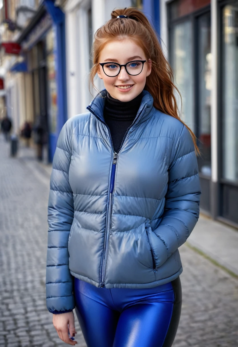 hyperrealistic beautiful busty 18-year-old teen girl with long legs wearing grey longsleeve with royal blue puffer coat and black faux leather leggins, model shooting full body photography, natural redhead with long ponytail, glasses, freckles, dark eye makeup with eyeliner, seductive smile, small necklace, 8K, Best quality, Meisterwerk, ultra high resolution, (Realismus: 1.4), Originalfoto, (realistische Hautstruktur: 1.3), (Filmkorn: 1.3), (Selfie-Winkel), 1 girl, Beautiful round hazel eyes and facial details, Meisterwerk, Best quality, street photography on a sunny day, nsfw with cameltoe