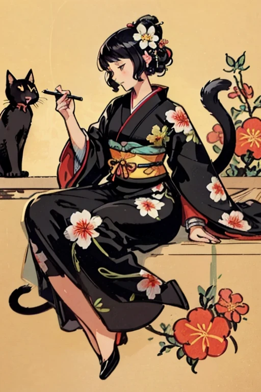 Offering a very attractive design, One girl and one cat, masterpiece, Katsushika Hokusai-kaze, Natural color design, Morning glory flowers, Bold and beautiful floral design, Summer image, Japanese Style, Detailed diagram of the pattern, highest quality, masterpiece high resolution, ukiyoe style, Artistic style, Postcard Design, Balanced Design, A well-matched configuration, Emo art, Ukiyo-e style, Japanese aesthetics, 4K resolution, Gorgeous background art, Attributes of a person (profile, View from the side, Elegant smile, Top Grade, neutral, Honor student, Black-haired, Shiny Hair, Not clear, poor, thin, Virtuous, well-behaved, good impression), Cat attributes (Black cat, pitch Black cat, cute, 超cute, Yellow Eyes, Supple)
