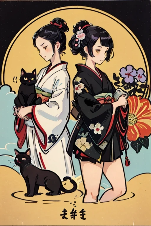 Offering a very attractive design, One girl and one cat, masterpiece, Katsushika Hokusai-kaze, Natural color design, Morning glory flowers, Bold and beautiful floral design, Summer image, Japanese Style, Detailed diagram of the pattern, highest quality, masterpiece high resolution, ukiyoe style, Artistic style, Postcard Design, Balanced Design, A well-matched configuration, Emo art, Ukiyo-e style, Japanese aesthetics, 4K resolution, Gorgeous background art, Attributes of a person (profile, View from the side, Elegant smile, Top Grade, neutral, Honor student, Black-haired, Shiny Hair, Not clear, poor, thin, Virtuous, well-behaved, good impression), Cat attributes (Black cat, pitch Black cat, cute, 超cute, Yellow Eyes, Supple)