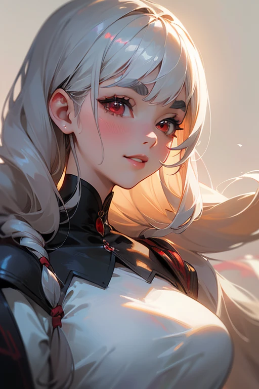 (highest quality, masterpiece:1.2), High resolution, 最高masterpiece、Very detailed, Realistic:1.37, Fantasy, An illustration,Gray Hair、 Red eyes、Queen, White Dress、beautifully、Eyeshadow Red、Thick eyebrows、Long eyelashes、pupils are black、shiny on the lips、Top Sites、Queen、Princess、A kind smile、Show your teeth a little and smile、Soft impression、people々々Loved by、Slimming the face、Shoulder Bare、Sexy braids、Kissing Face、Long white hair、Shaggy Bangs