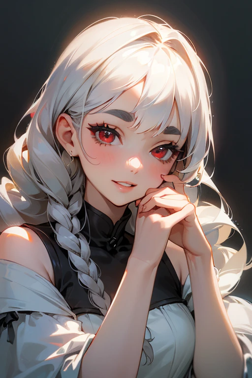 (highest quality, masterpiece:1.2), High resolution, 最高masterpiece、Very detailed, Realistic:1.37, Fantasy, An illustration,Gray Hair、 Red eyes、Queen, White Dress、beautifully、Eyeshadow Red、Thick eyebrows、Long eyelashes、pupils are black、shiny on the lips、Top Sites、Queen、Princess、A kind smile、Show your teeth a little and smile、Soft impression、people々々Loved by、Slimming the face、Shoulder Bare、Sexy braids、Kissing Face、Long white hair、Shaggy Bangs