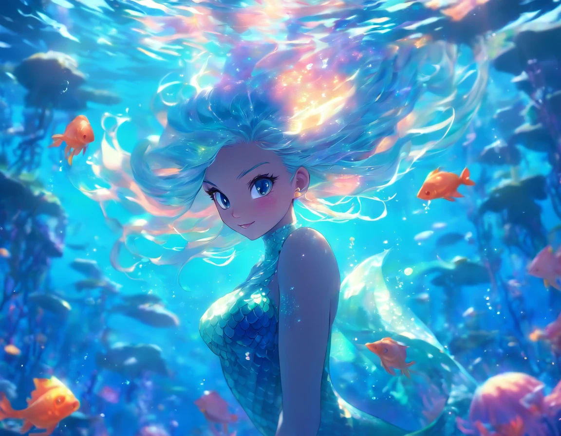 bottomless,(depth of field),Mermaid Queen,Long white hair,unearthly beauty,peaceful,Tropical fish,jellyfish,Reef。bright colors,Fairytale lighting.Best quality,a high resolution,masterpiece:1.2.
