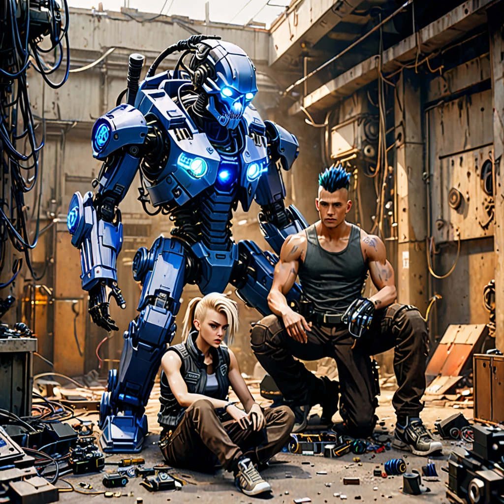 Create an image featuring two central characters surrounded by a chaotic assemblage of mechanical and cybernetic parts. The figure on the left is seated, with fair skin and shoulder-length blonde hair, wearing a gray tank top, brown pants, and cobalt blue shoulder armor. They are holding a colorful sneaker and focusing on repairing it. The figure on the right is kneeling with medium skin tone, sporting a large black mohawk. They wear a sleeveless shirt, dark pants, and examine a small, grotesque cybernetic head with exposed wires and a partial skull. Both display an atmosphere of concentration and are engaged in their tasks in a setting littered with robotic limbs, wires and cybernetic debris. A variety of lights and holographic projections emerge from the technological detritus, casting ambient lighting. The environment should evoke a post-apocalyptic sci-fi setting with a warm, sepia-toned background that subtly blends into a clear, clear sky. 