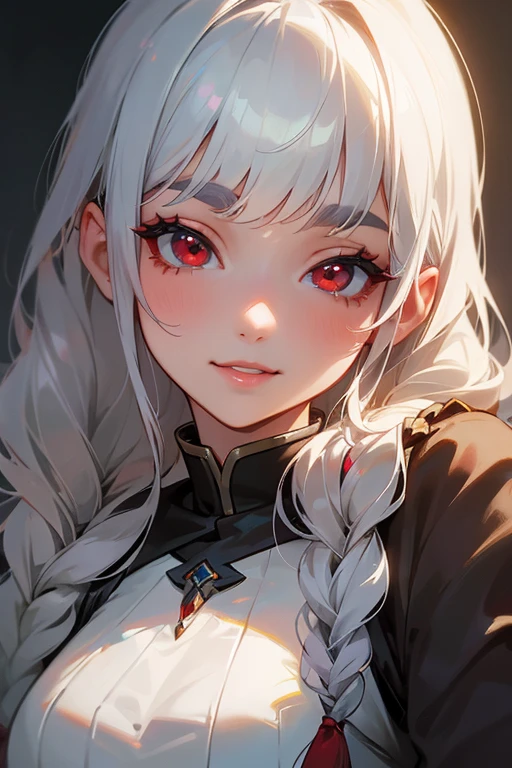 (highest quality, masterpiece:1.2), High resolution, 最高masterpiece、Very detailed, Realistic:1.37, Fantasy, An illustration,Gray Hair、 Red eyes、Queen, White Dress、beautifully、Eyeshadow Red、Thick eyebrows、Long eyelashes、pupils are black、shiny on the lips、Top Sites、Queen、Princess、A kind smile、Show your teeth a little and smile、Soft impression、people々々Loved by、Slimming the face、Shoulder Bare、Sexy braids、Kissing Face、Long white hair、Shaggy Bangs